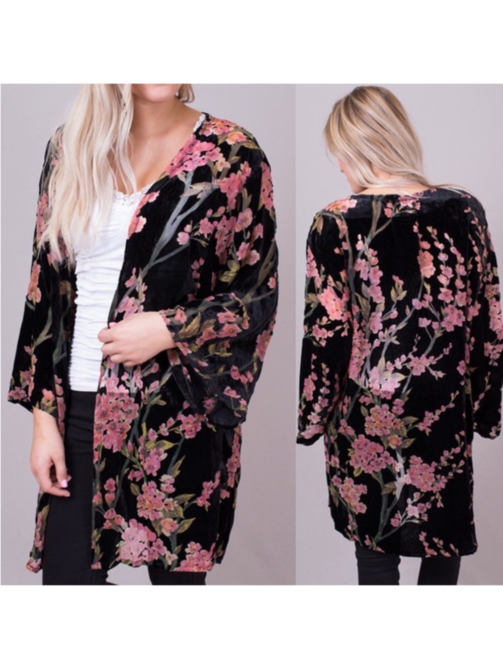POL Cherry Blossoms Floral Burnout Velvet Kimono Cardigan Size Large